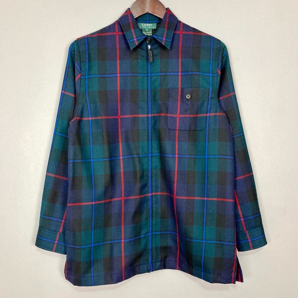 Lauren Ralph Lauren Wool Shirt Jacket Women’s Size M Full Zip Pockets Plaid